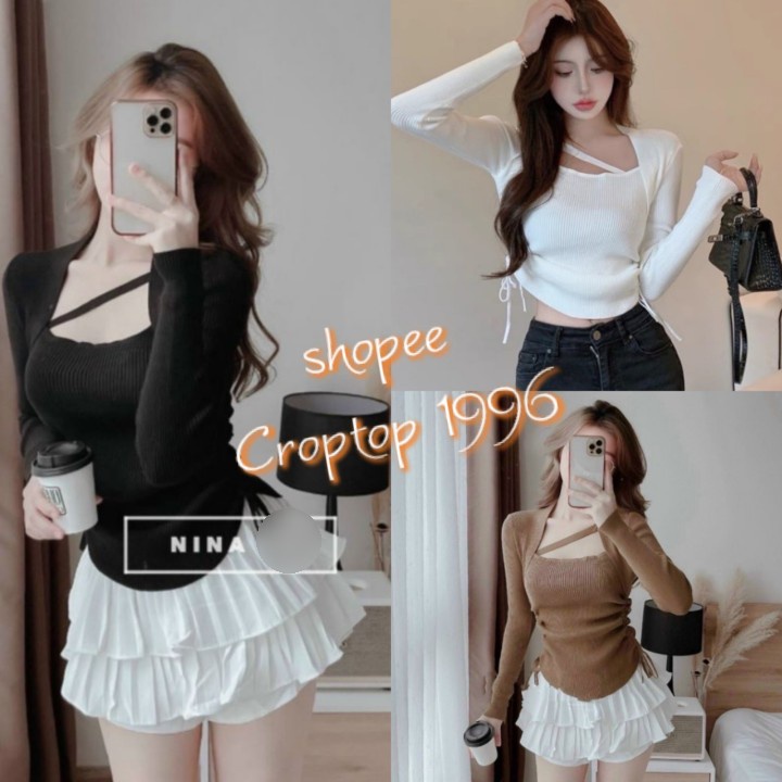 Áo dài tay cổ Vuông dây chéo cổ LEN GÂN rút eo CRT01