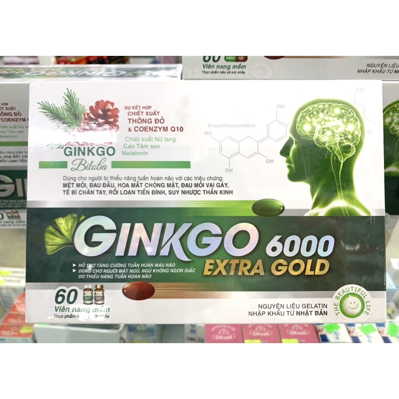 Viên uống bổ não Ginkgo 6000 Extra Gold hỗ trợ tăng cường máu lưu thông giúp giảm đau đầu mất ngủ hay quên lọ 60 viên