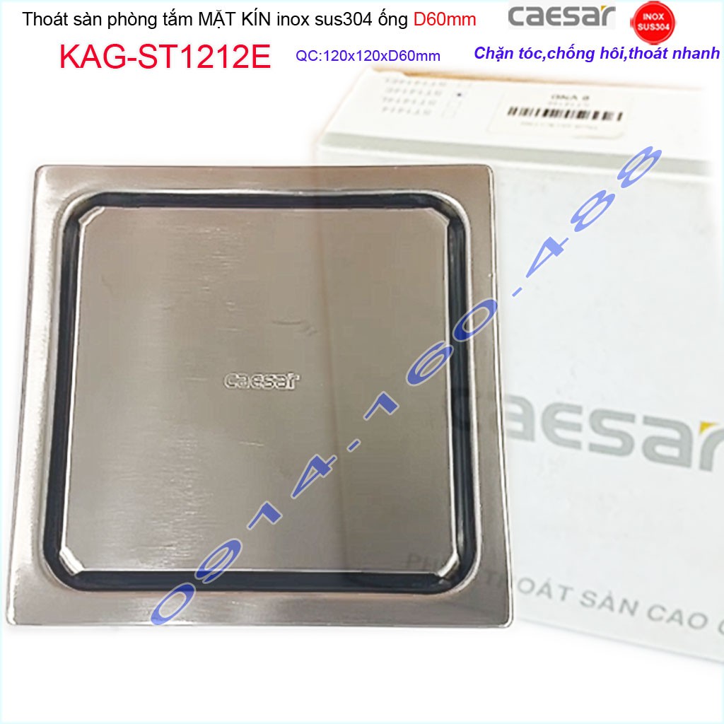 Thoát sàn Caesar 12x12cm ST1212E-D60 mặt inox kín, phễu thoát sàn SUS304 thoát nước nhanh chống hôi chặn tóc tốt