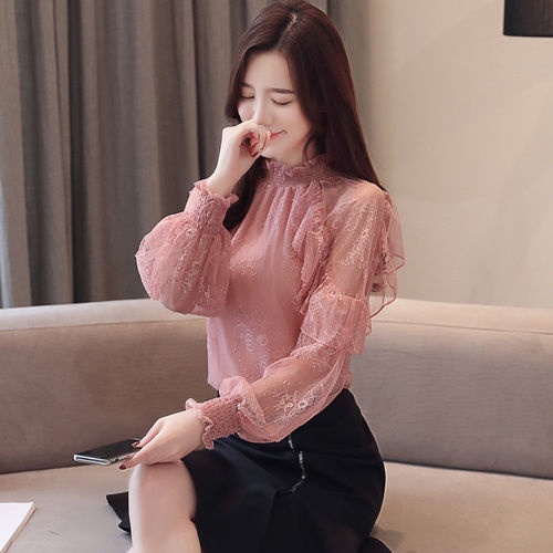 Áo Sơ Mi Chiffon Tay Dài Cổ Cao Phối Ren Phong Cách Phương Tây Hợp Thời Trang Mới