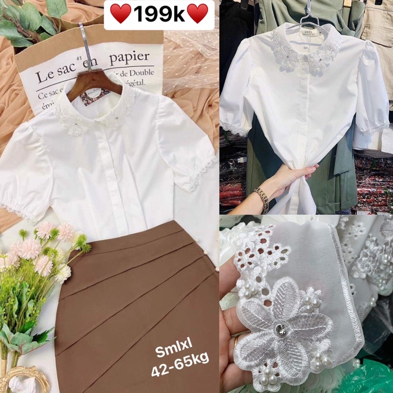 ♥️Áo sơ mi trắng cổ ren đá thêu hoa công sở hàng đẹp♥️Elisa fashion