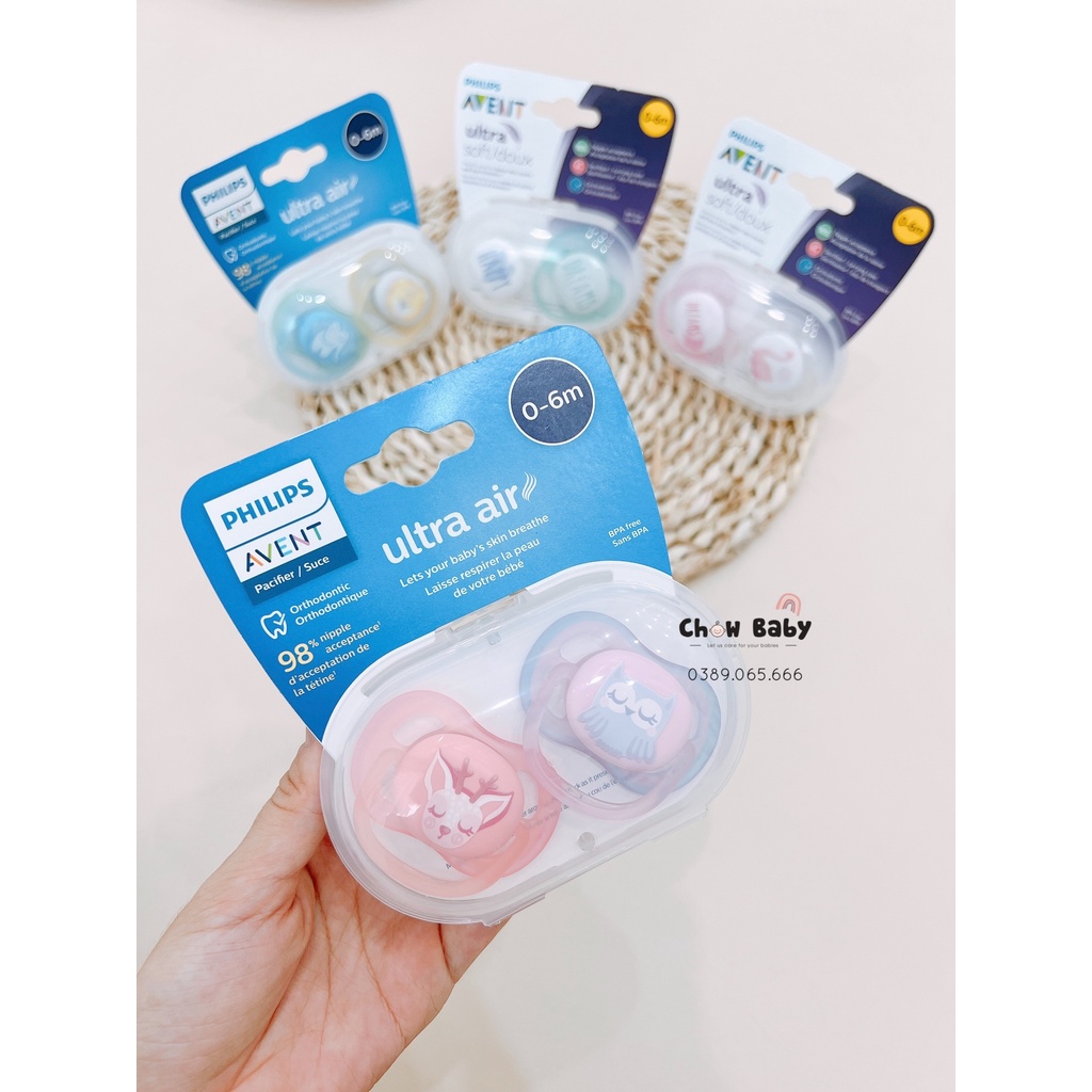 Ti giả Avent Ultra Air, Ultra Soft 0-6m chỉnh nha đầu dẹt ( Hộp 2c)