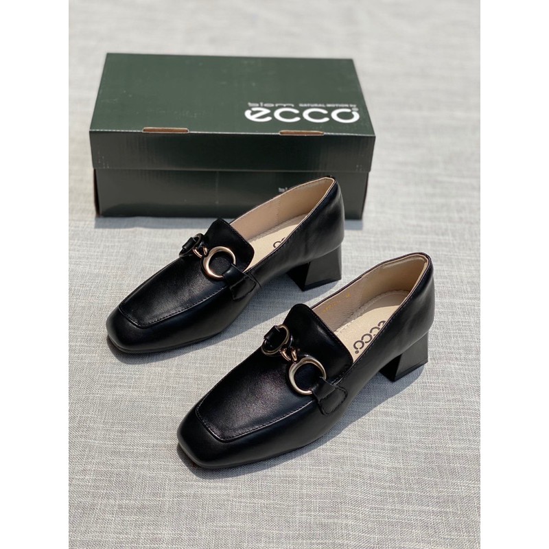 Giày cao gót nữ mũi vuông cao 5cm thương hiệu Ecco da thật cao cấp bản logo màu bạc