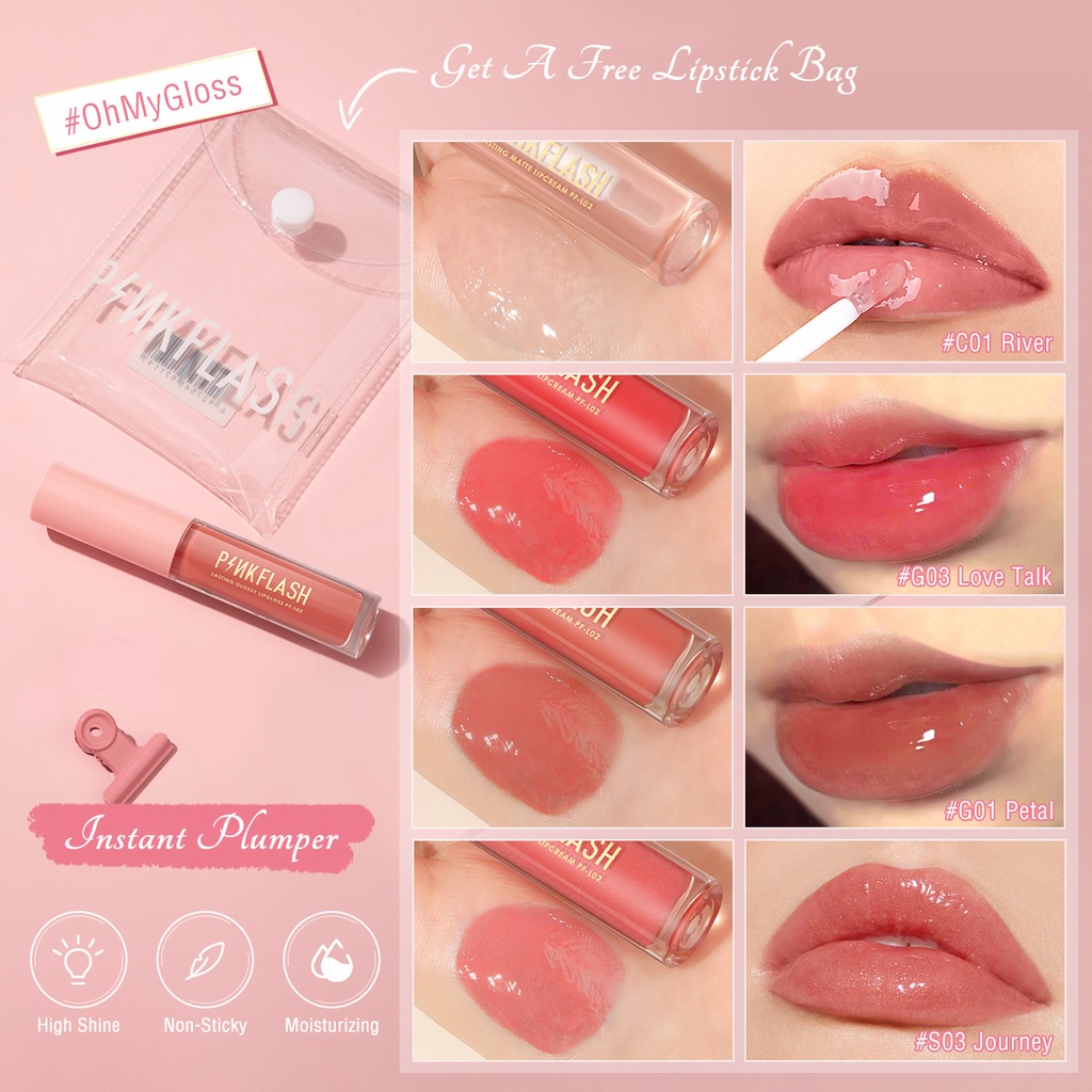 [Hàng mới về] Bộ 4 son bóng PINKFLASH màu nhũ lấp lánh dưỡng ẩm kèm túi đựng