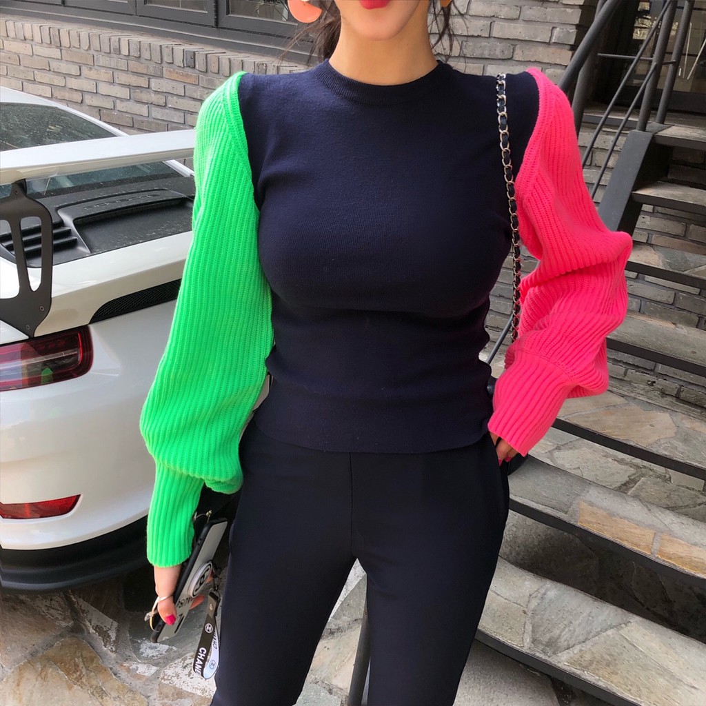 Áo Sweater Dệt Kim Tay Phồng Màu Sắc Cầu Vồng Phong Cách Hàn Quốc | BigBuy360 - bigbuy360.vn