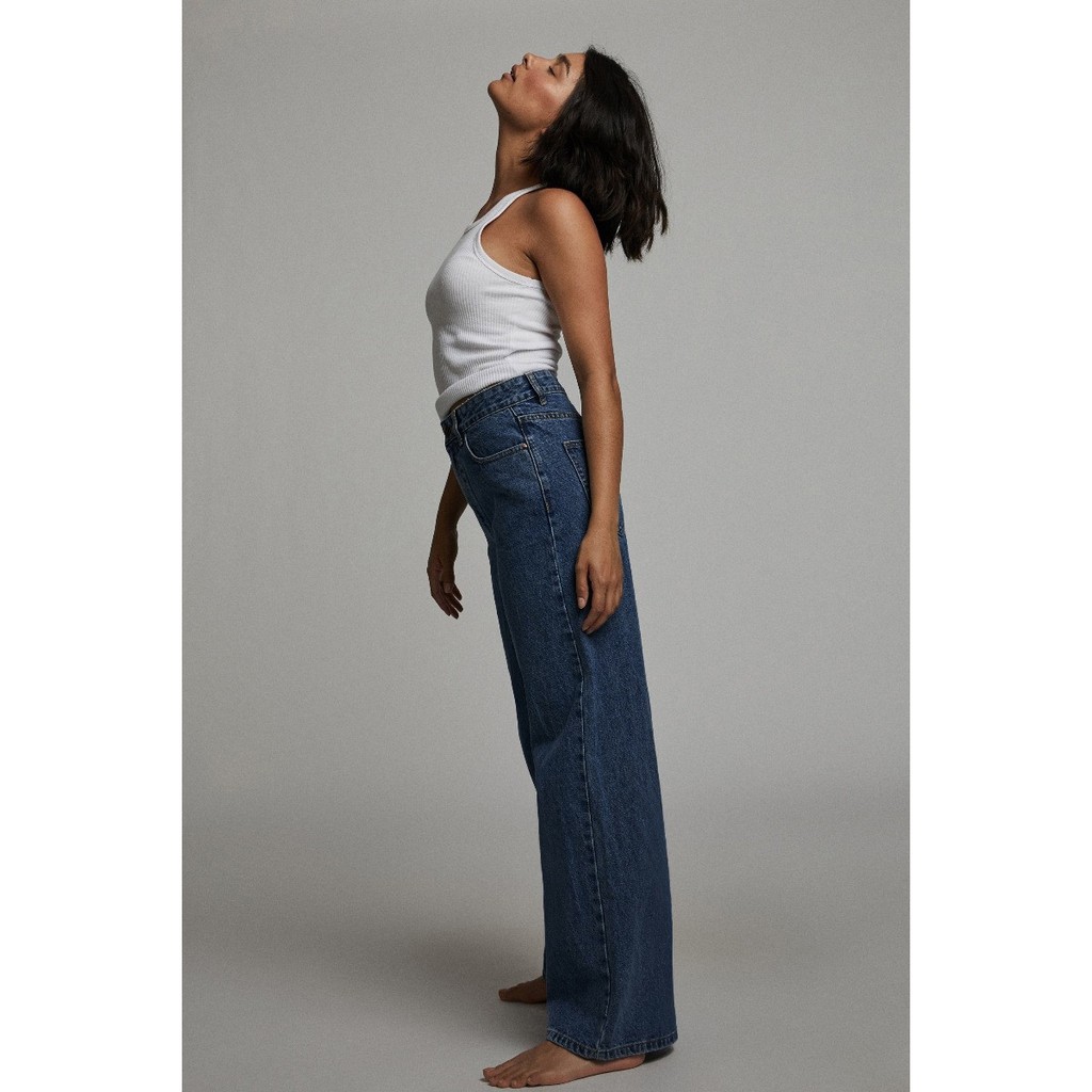 Quần Jeans Nữ Lưng Cao Ống Suông Rộng Màu Xanh Đậm L-03