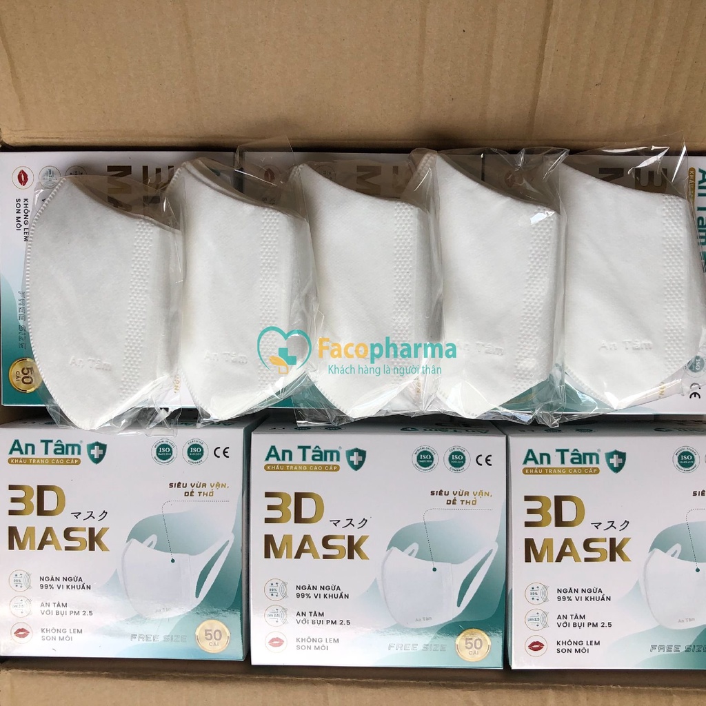 Khẩu trang 3d mask kháng khuẩn ngăn bụi mịn dây đeo mềm mại thoải mái chính hãng An Tâm hộp 50 cái AT3D50O