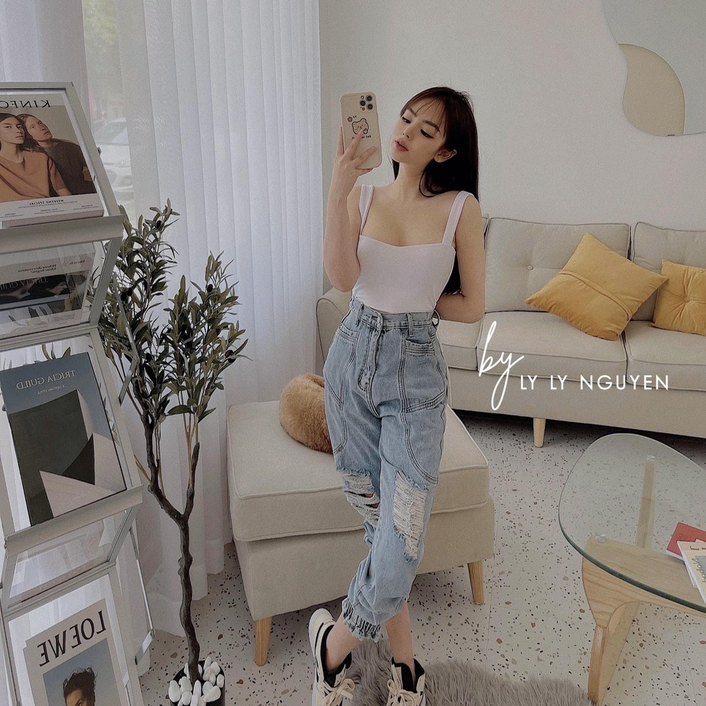 Quần Jeans Nữ Cạp Cao Dáng Jogger Bo Gấu Rách Siêu Hot