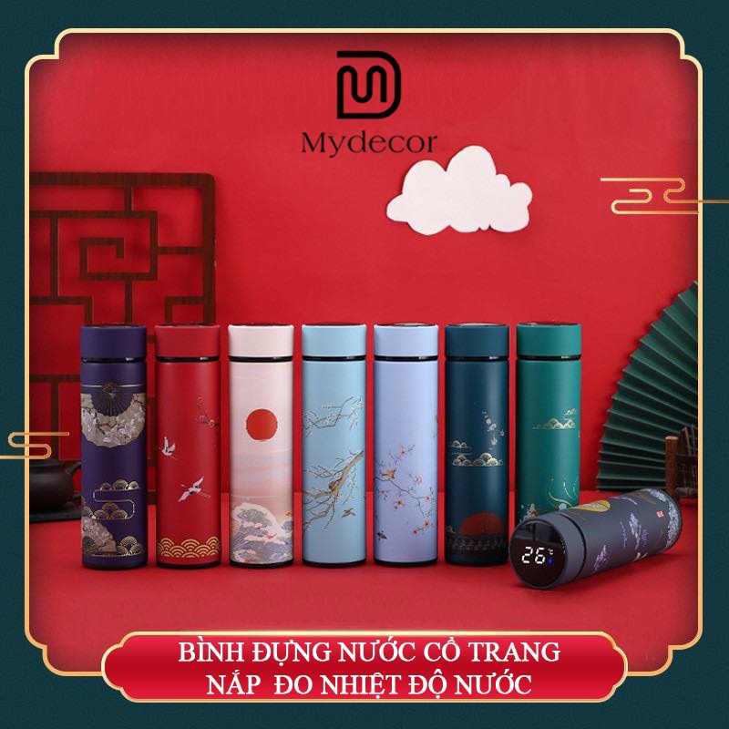 Bình Giữ Nhiệt Họa Tiết Cổ Trang, Bình Giữ Nhiệt Thông Minh Nắp Hiển Thị Nhiệt Độ, Họa Tiết Độc Đáo, Tặng Kèm Lọc Trà