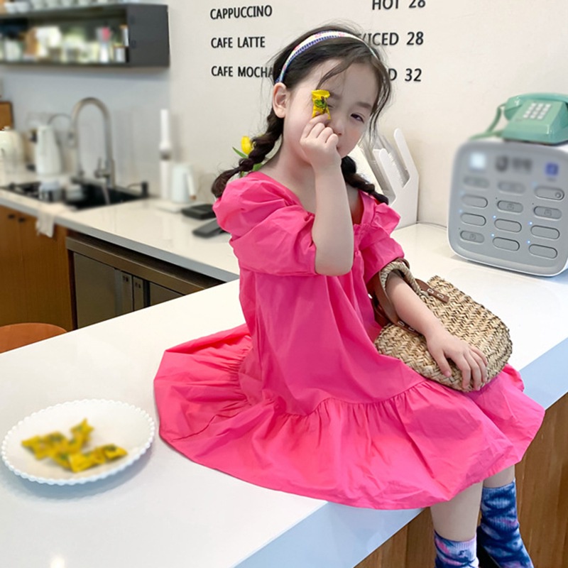 Đầm Bé Gái Đầm Công Chúa Mùa Hè Cổ Vuông Tay Cộc Có Diềm Xếp Nếp Cho Bé Gái Se7En