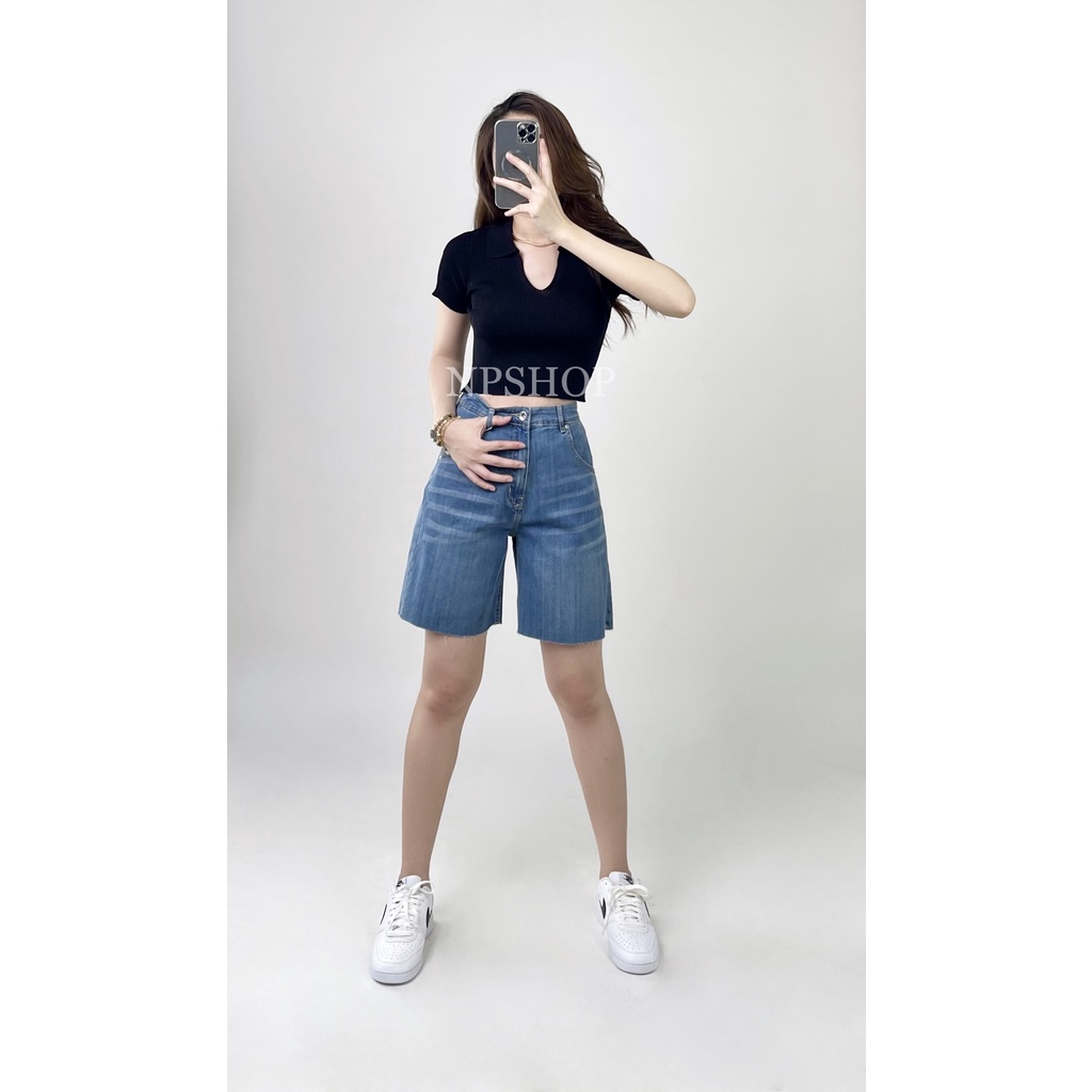 Quần short jean nữ NPSHOP, quần bò nữ lưng cao dáng ngố vải co giãn NPQ039-3M