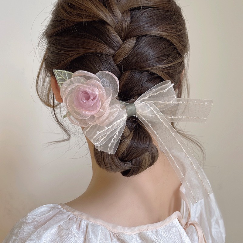 Kẹp tóc voan hoa hồng cao cấp TÍM STORE phụ kiện thời trang phong cách hàn quốc