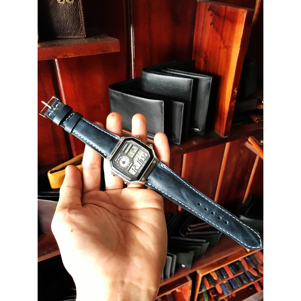 Dây Da Đồng Hồ Casio ae 1200 whd màu xanh navy kèm khóa