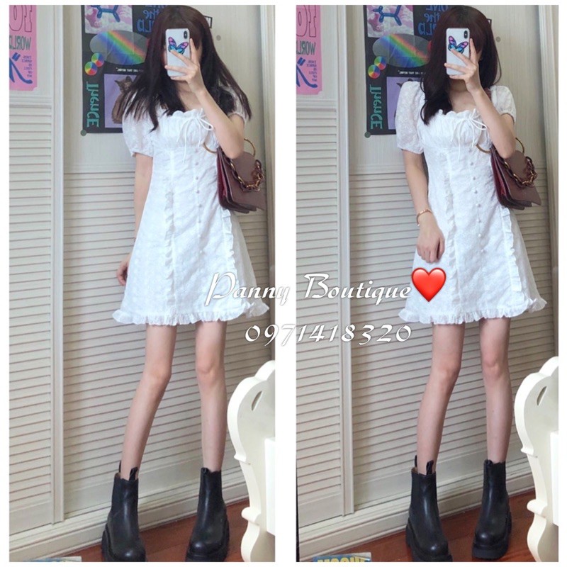 Đầm thô trắng thêu hoa dập nổi nhún bèo, style ulzzang Hàn Quốc 🌻 Panny Boutique 🌻