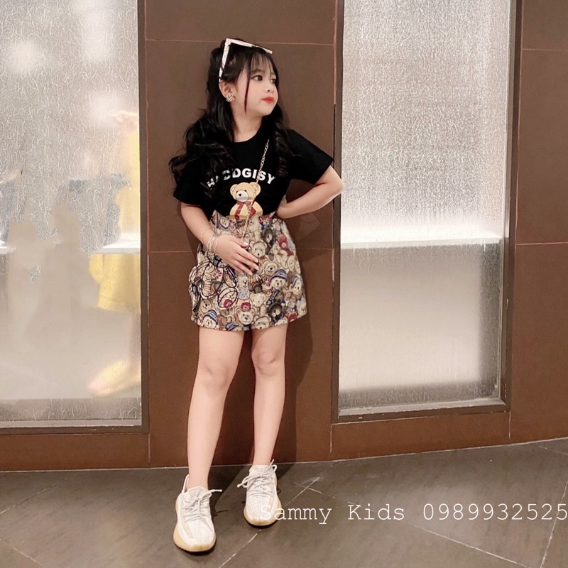Set áo Phông Quần váy Gấm kèm Túi Gấu trang trí cho bé gái size đại 16-40kg xinh xắn