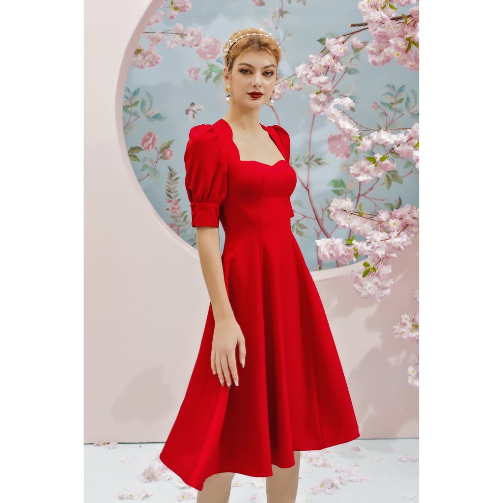 SÒ VINTAGE - MIYONE Đầm tay phồng trái tim cổ răng cưa