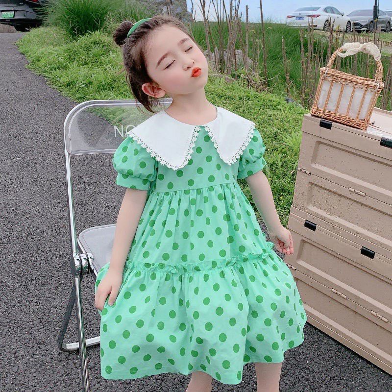 Váy bé gái chấm bi cổ ren - Đầm  cho bé chất đũi mềm mát size 8 - 27ky
