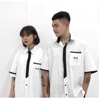 Sơ mi trắng tay lỡ chữ hàn viền đen form unisex