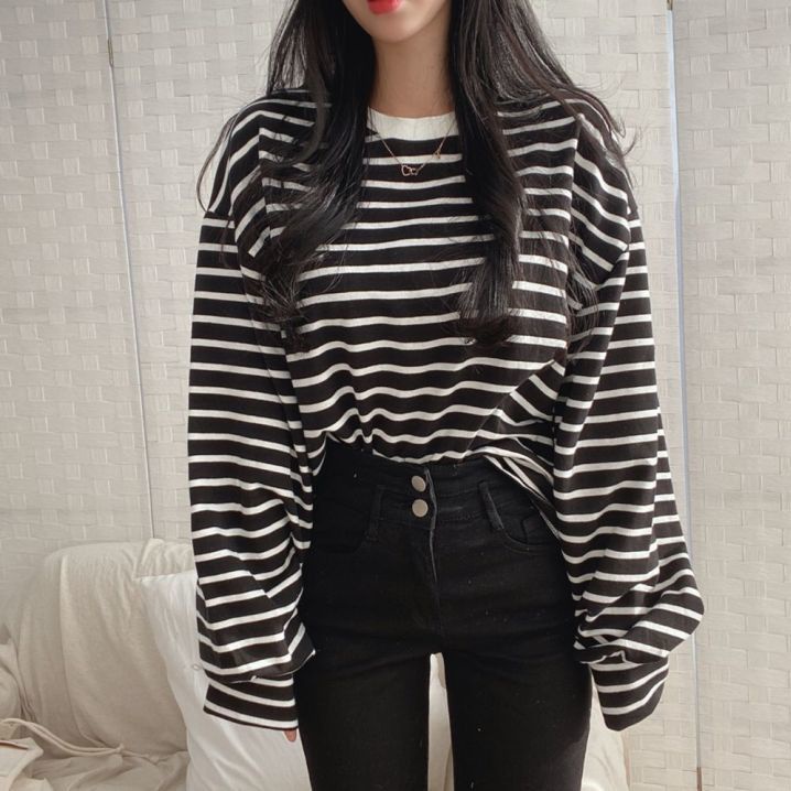 Áo thun tay dài dáng rộng họa tiết kẻ sọc plus size