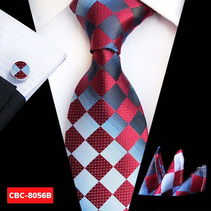 Bộ 3 món Cà vạt 8cm, Khăn cài túi áo vest, Măng-set cài tay Cravat công sở, Calavat chú rể cao cấp nhiều mẫu lựa chọn