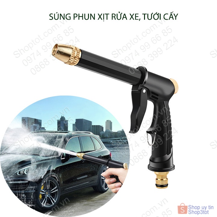 Cây phun xịt rửa xe áp lực cao, tưới cây đa năng loại ngắn, đầu bằng hợp kim mạ đồng, nhiều chế độ phun