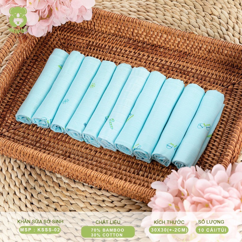 Khăn Sữa Sơ Sinh Mipbi CAO CẤP - 70% Sợi Tre 30% Bamboo - Set 10c, Kích Thước 30*30cm