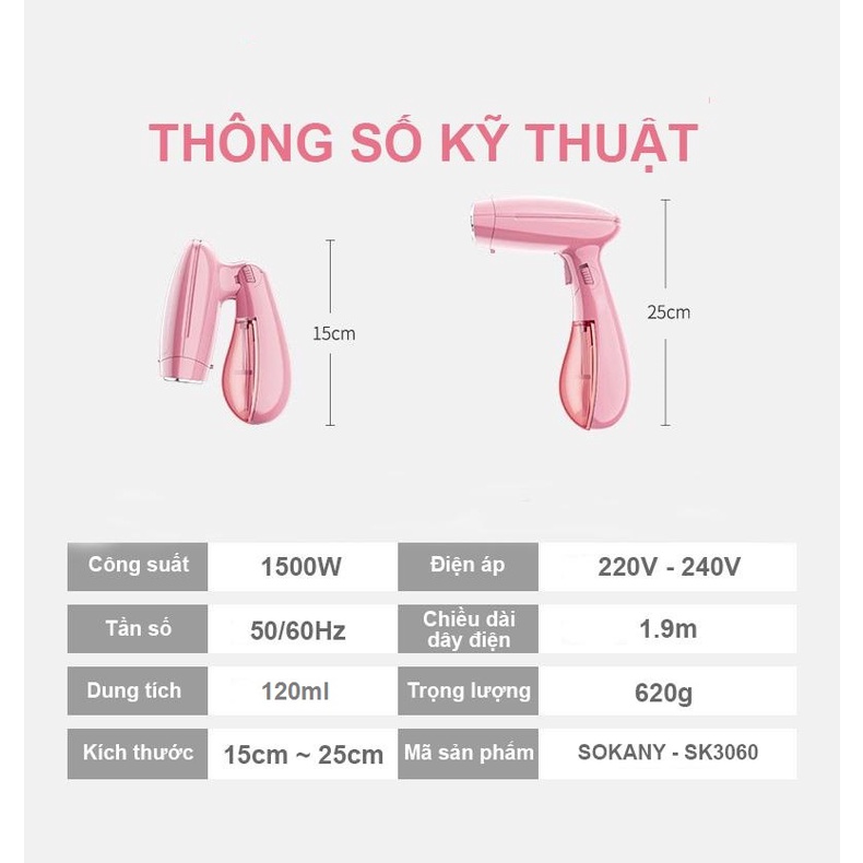 Bàn Là Hơi Nước Cầm Tay SOKANY Công Suất 1500W, Bàn Ủi Hơi Nước Sokany 3065 Mini Mẫu Mới 2022 - Gia dụng SmartSun