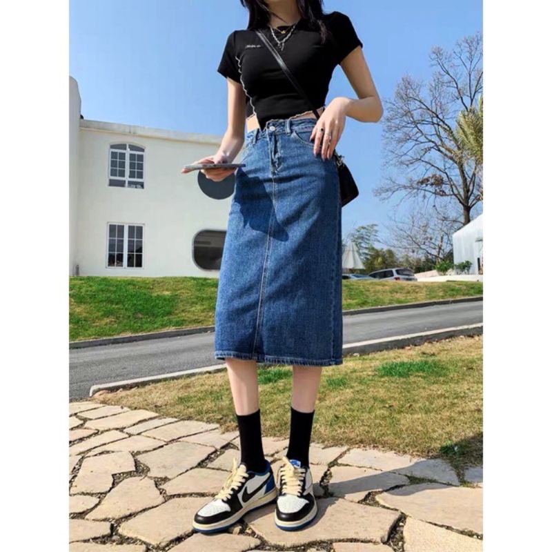 Chân Váy Jeans Cạp Cao Xẻ Sau Phòng Cách Hàn Quốc mã VD01