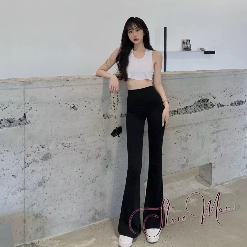 Quần tây ống loe nữ cạp cao vải cotton màu đen dài co dãn kiểu quần legging nữ hàn quốc lưng cao siêu hack chân tôn dáng