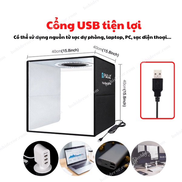 Hộp Chụp Sản Phẩm 40x40 CM, Box Chụp Ảnh Puluz Có Đèn Led, Xếp Gọn, Phụ Kiện Ánh Sáng - HoHi Decor