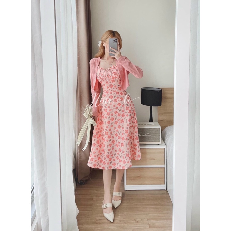 (FREE SHIP) SÉT ĐẦM LỤA HOA PHỐI ÁO KHOÁC GÂN DÁNG LỬNG CỰC XINH TÔN DÁNG TIỂU THƯ HHP