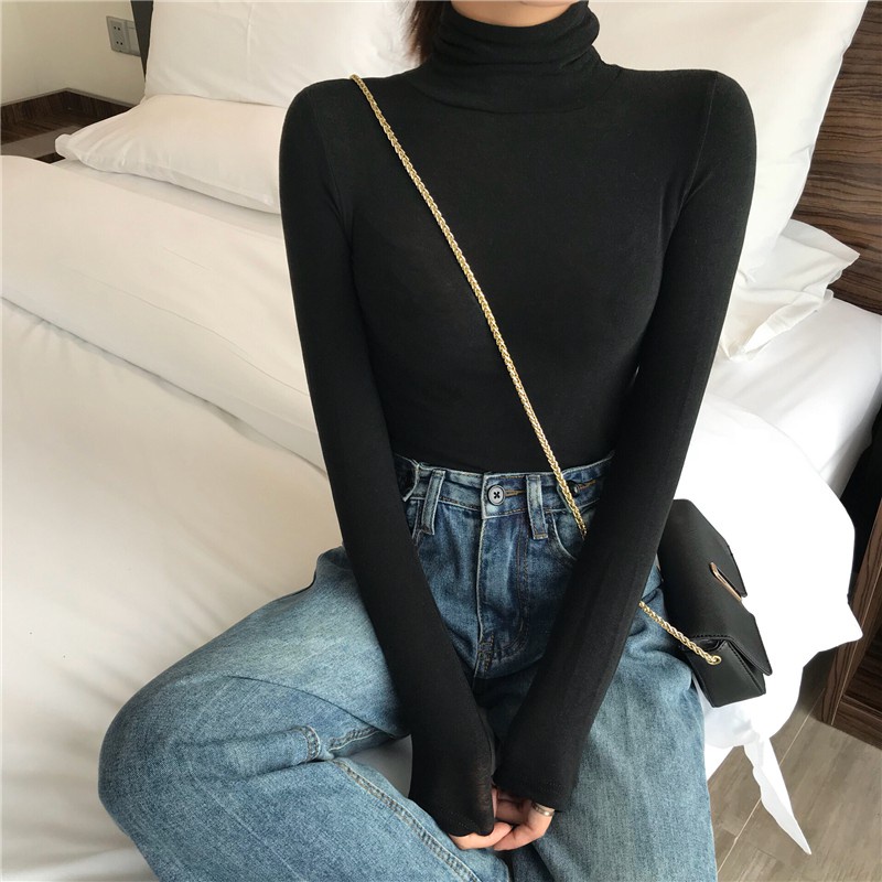 Áo Thun Nữ Dài Tay Cổ Cao Trơn Màu