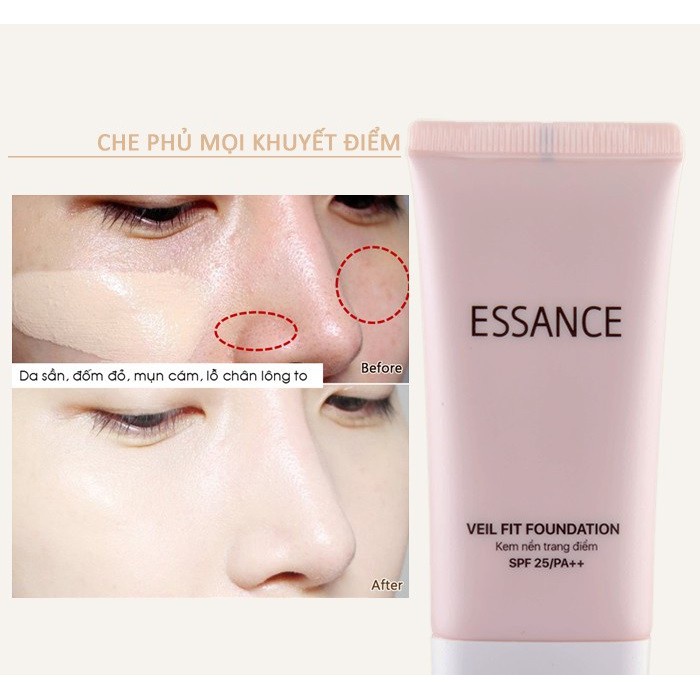 Bộ Kem nền bền màu che khuyết điểm Essance Veil Fit Foundation SPF25 PA++ và Phấn phủ kiềm dầu dạng bột Setting Powder