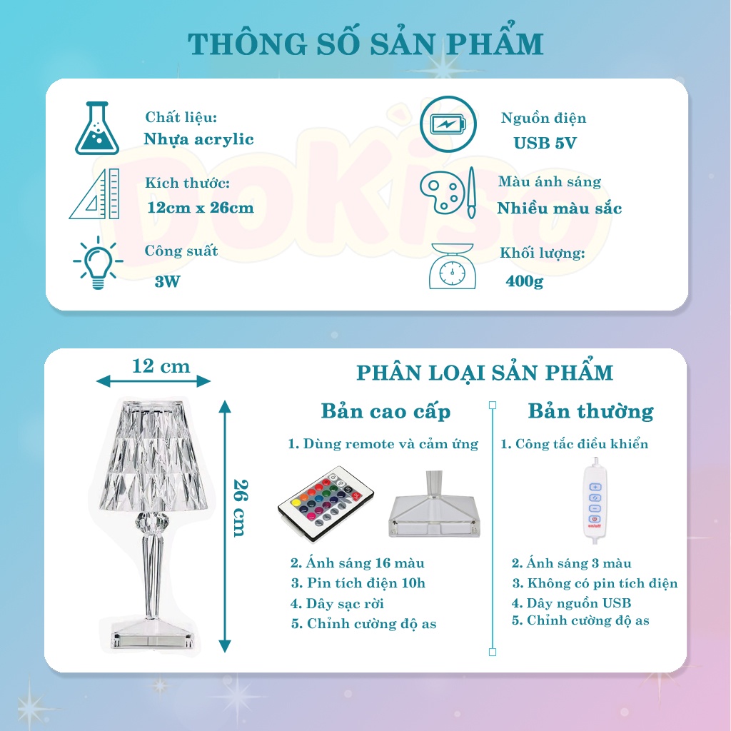 Đèn ngủ để bàn pha lê trang trí ánh sáng đầy đủ màu sắc, mẫu mã decor phòng