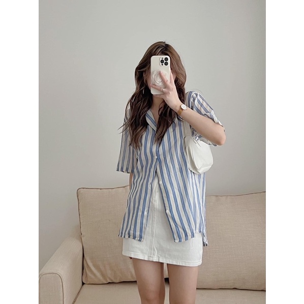 Áo sơ mi kẻ nữ cộc tay form rộng phong cách Hàn Quốc (TTA131)