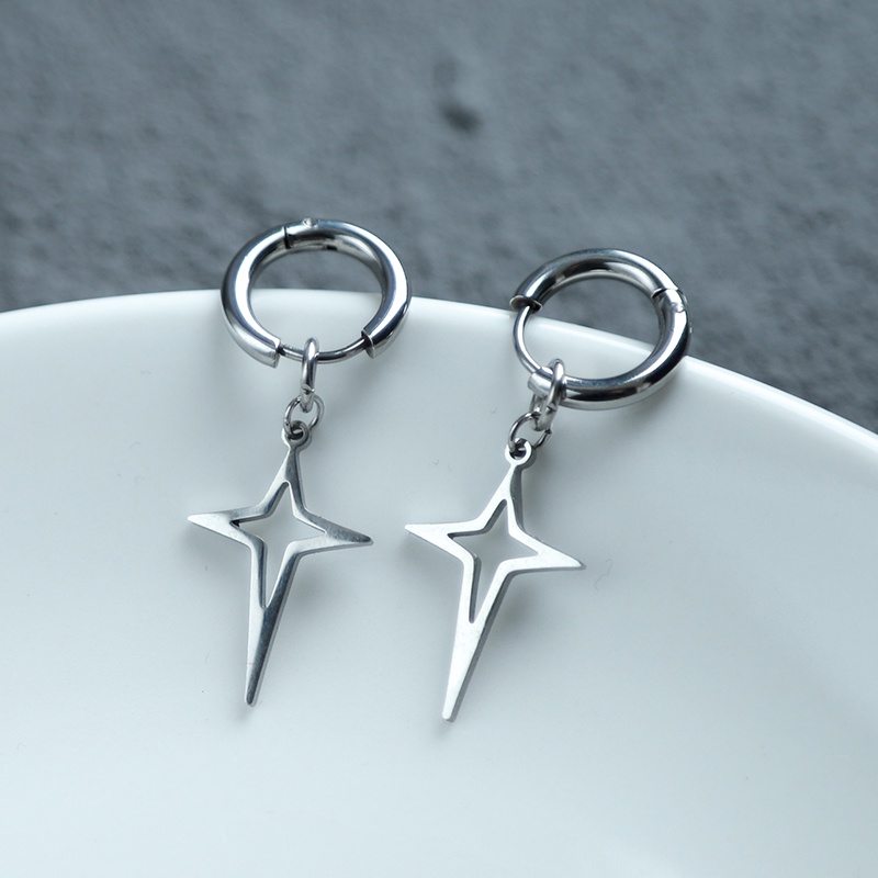 Khuyên Tai Tròn Hình Ngôi Sao Unisex Gre Earing Màu Bạc Đẹp Cá Tính Chất - Khuyên Tai Thời Trang SAZ Titan