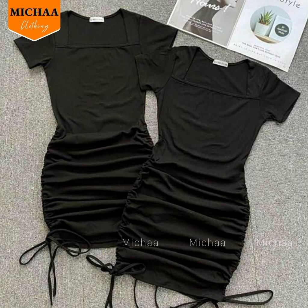 Váy Body Nhún Ôm Nữ Cổ Vuông Đầm Rút Dây 2 Bên Thun Borip Tay Ngắn Sexy - MICHAA