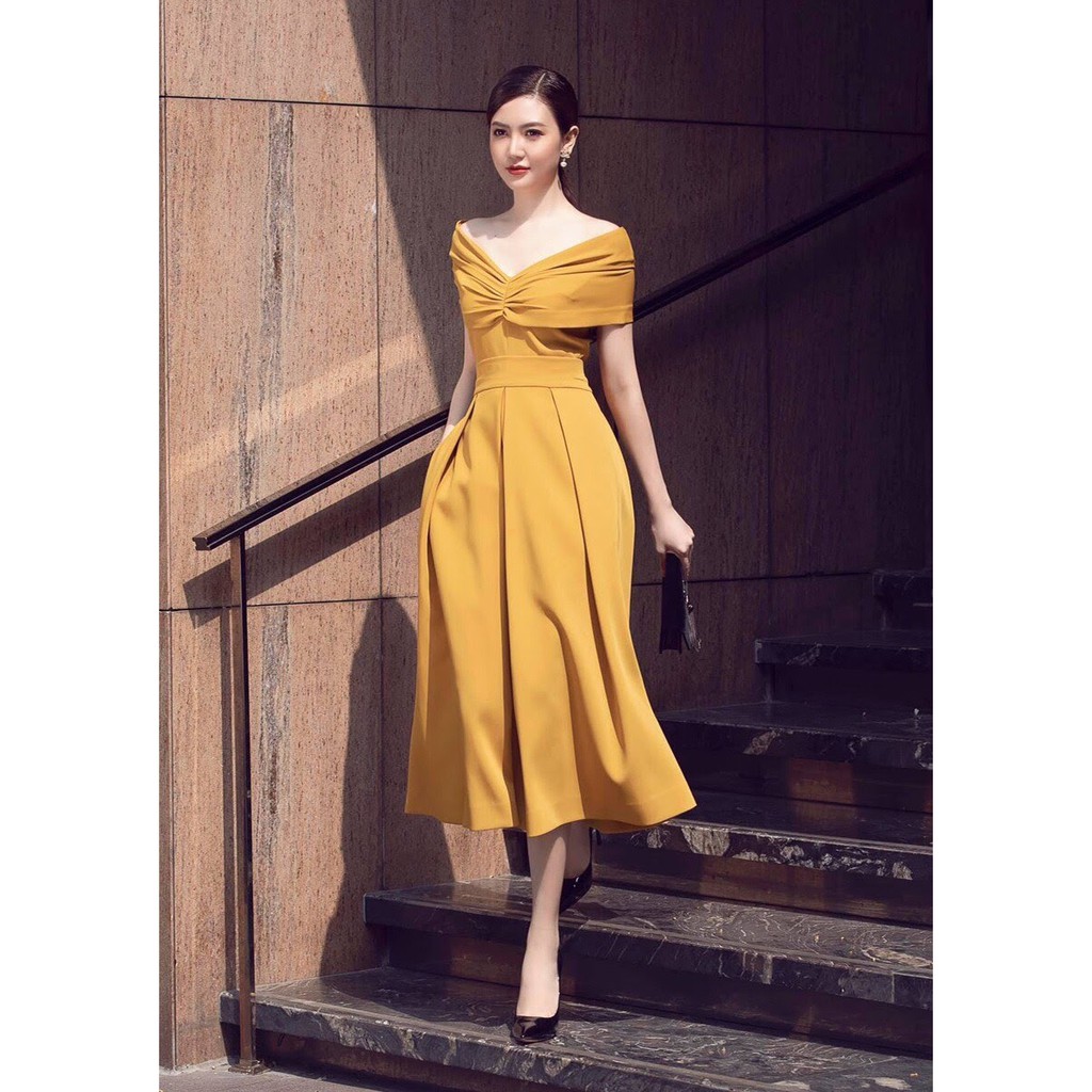 Đầm xoè dự tiệc dài hở vai ngang xếp ly ngực (HÀNG CAO CẤP) kèm ảnh thật