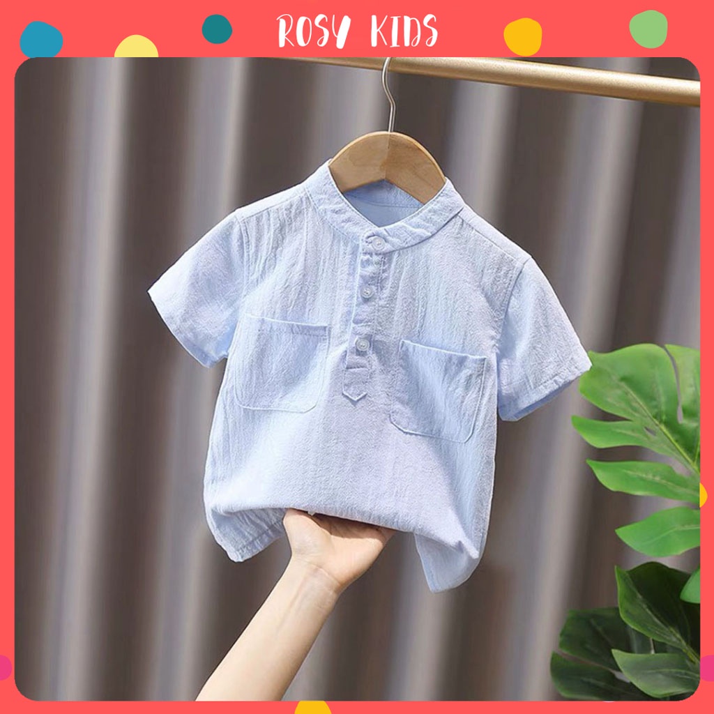 Áo Cộc tay Bé Trai 2 Túi, Áo Sơ Mi Chất Đũi Xước Cao Cấp Cho Bé Từ 7-28kg - ROSY KIDS