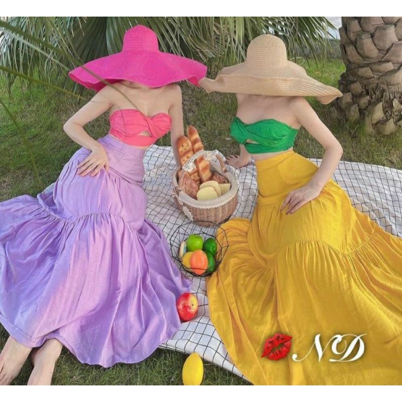 -Set maxi áo cúp ngực mix chân váy dài xoè-hàng thiết kế1