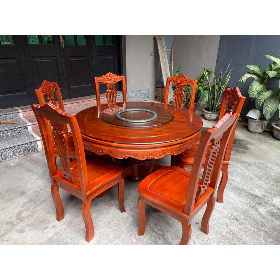 ​Bộ Bàn Ghế Phòng Ăn Kiểu Bàn tròn - bàn xoay kính gỗ xoan đào