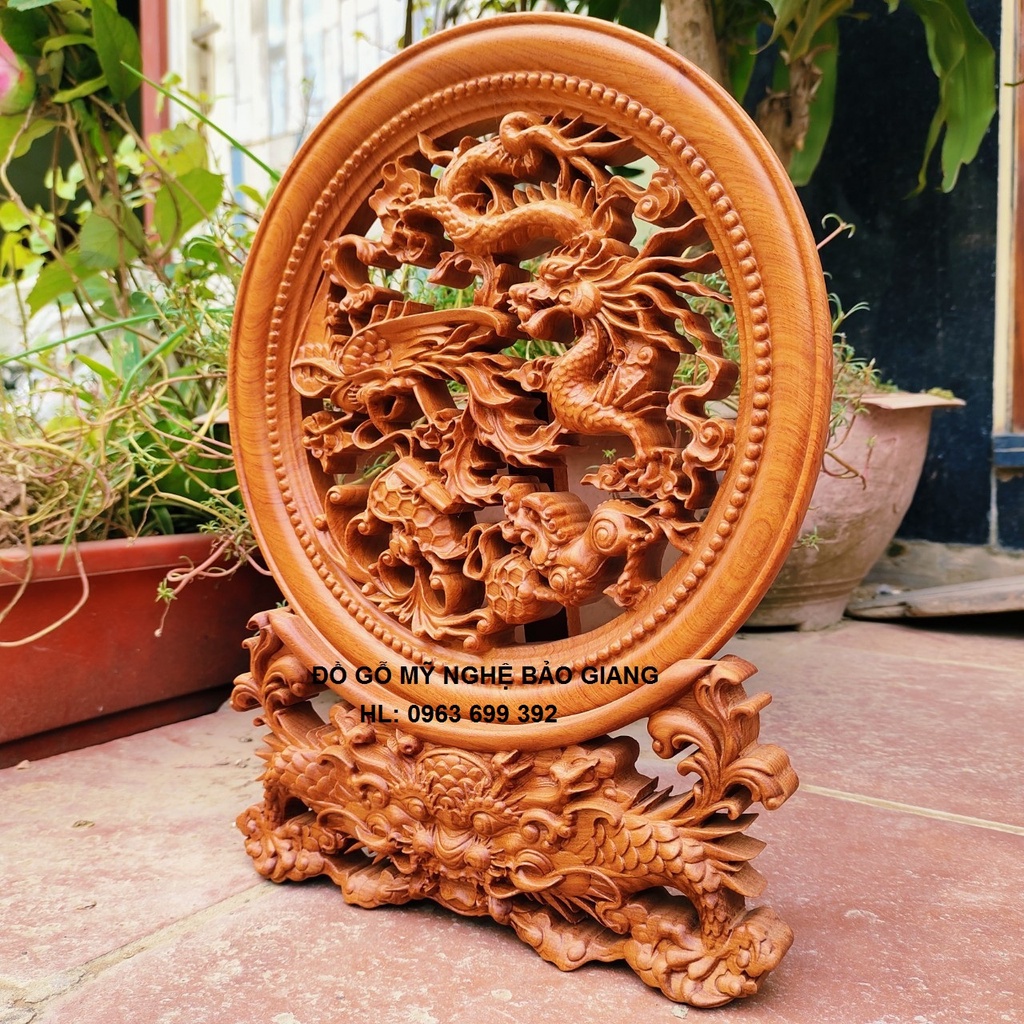 Đĩa trang trí phong thủy khắc Tứ Linh gỗ hương