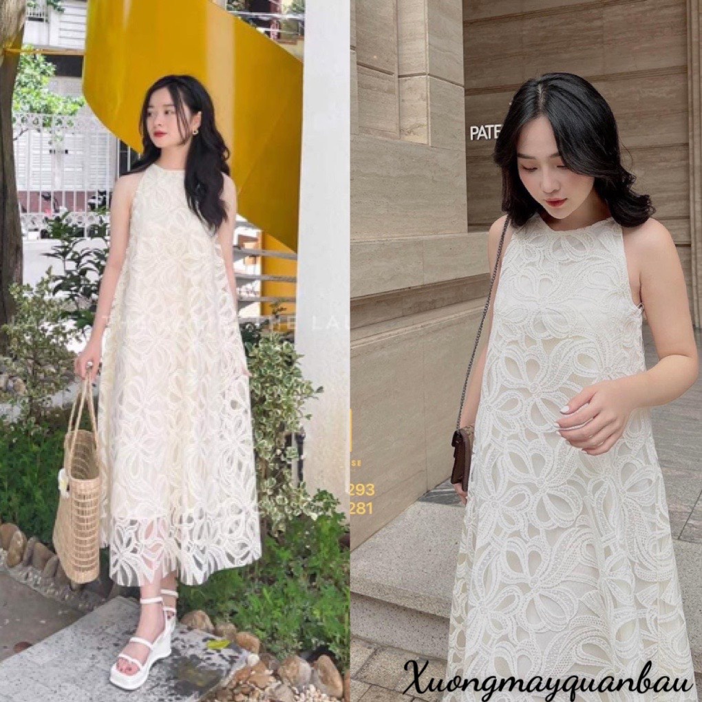 Váy nữ cổ yếm dáng suông họa tiết ren daisy nhẹ nhàng, xinh xắn VN2203