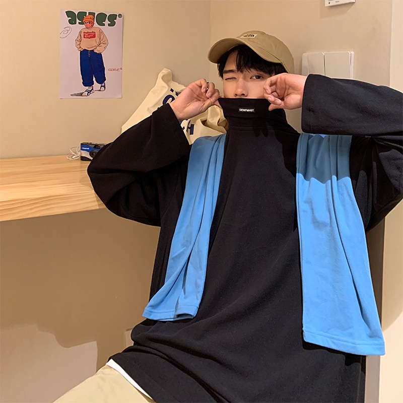 Áo thun tay dài cổ cao dáng rộng màu sắc thời trang cho nam