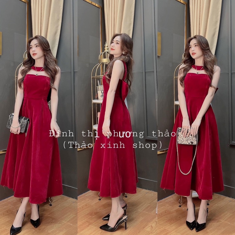 ĐẦM NHUNG MIDI CHOKER NƠ LƯNG