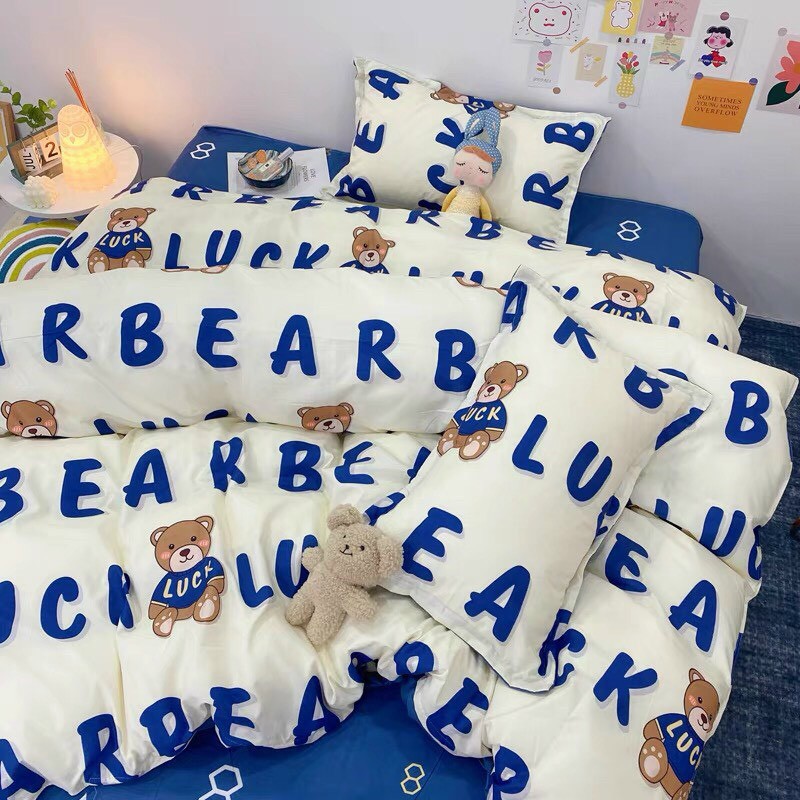 Bộ chăn ga gối , drap giường chất cotton poly họa tiết gấu luck bears