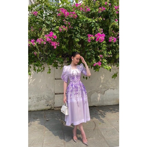 Vải tơ ánh in hoa tử đằng tím