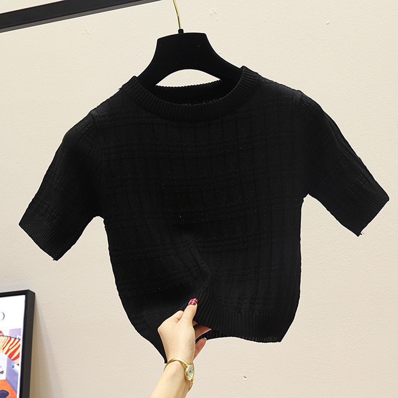 Áo crop top chất liệu dệt kim ngắn tay phong cách Hàn Quốc trẻ trung dành cho nữ | BigBuy360 - bigbuy360.vn