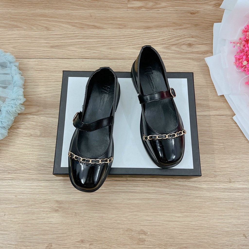 Giày búp bê nữ chất da bóng phối xích xinh xắn mã K01