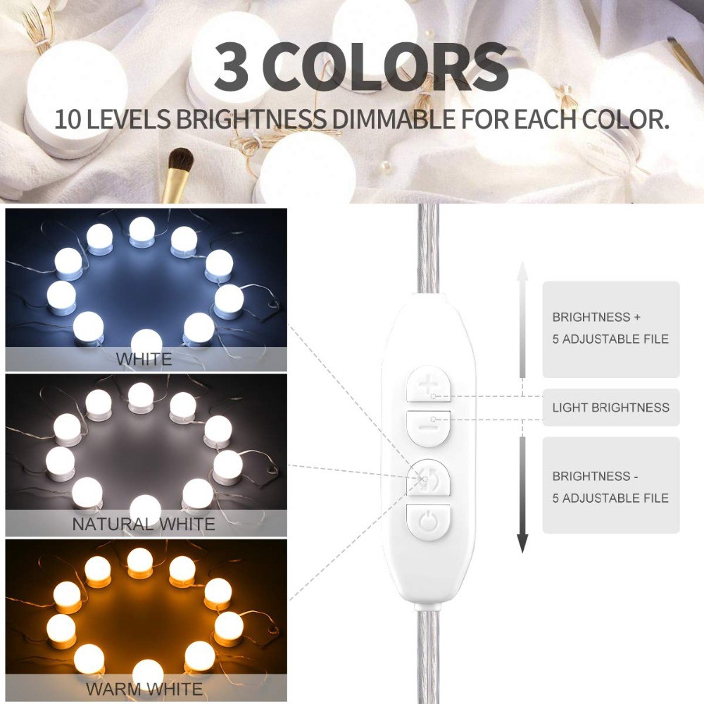 Đèn Gương USB 10 LED Bóng Đèn Trang Điểm Gắn Trước Gương Cực Sáng Trang Điểm Hollywood Sạc USB Có Miếng Dán Kèm Theo
